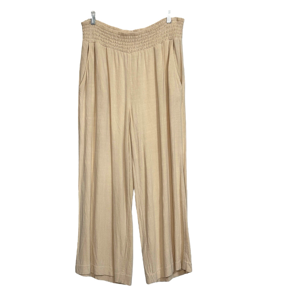 Wide Leg Crop Pants Ivory Linen Blend Pull-On L Lagenlook Coastal